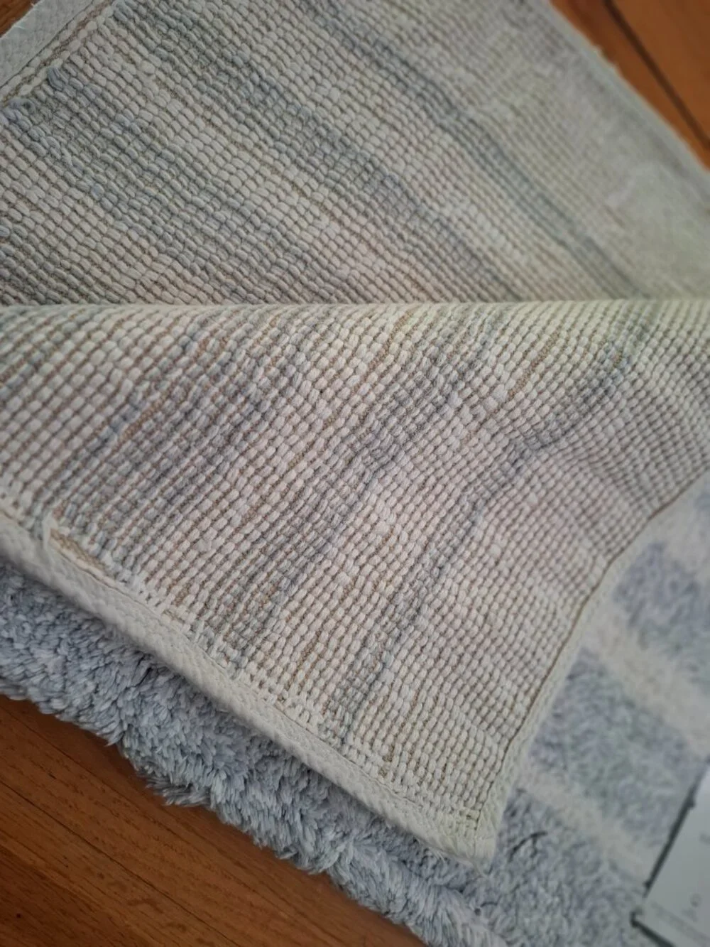 Two 20 x 32 Threshold Gray/Blue & White Stripe Bath Bathroom Rugs NWT